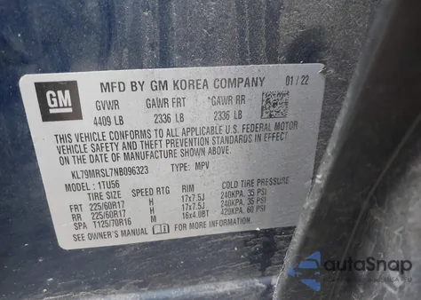 2022 Chevrolet Trailblazer Awd Lt из США, поврежденный, VIN KL79MRSL7NB096323